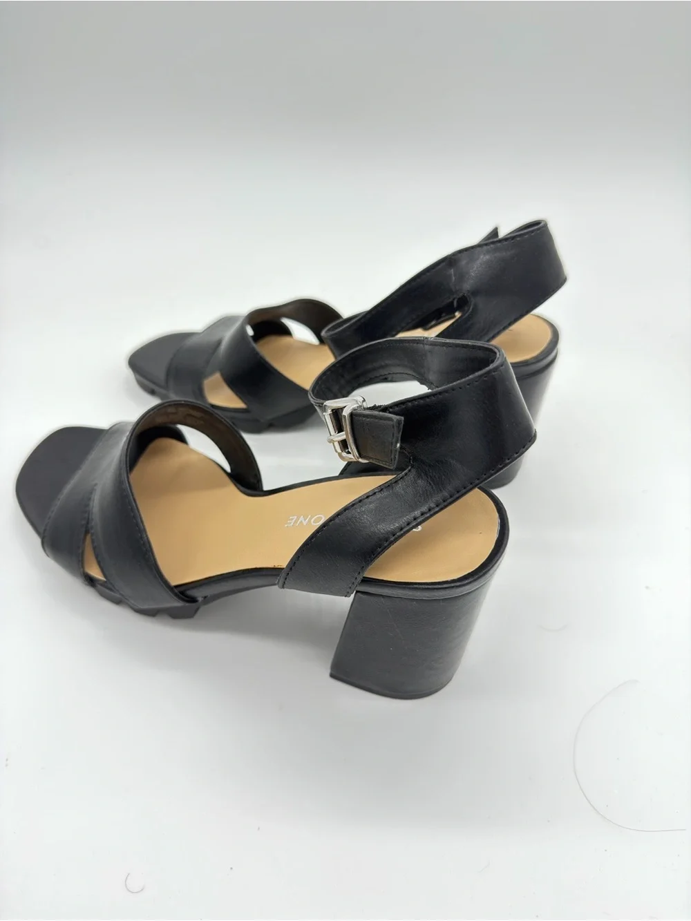 Sun + Stone Black Leather Block Heel Sandals with Ankle Buckle